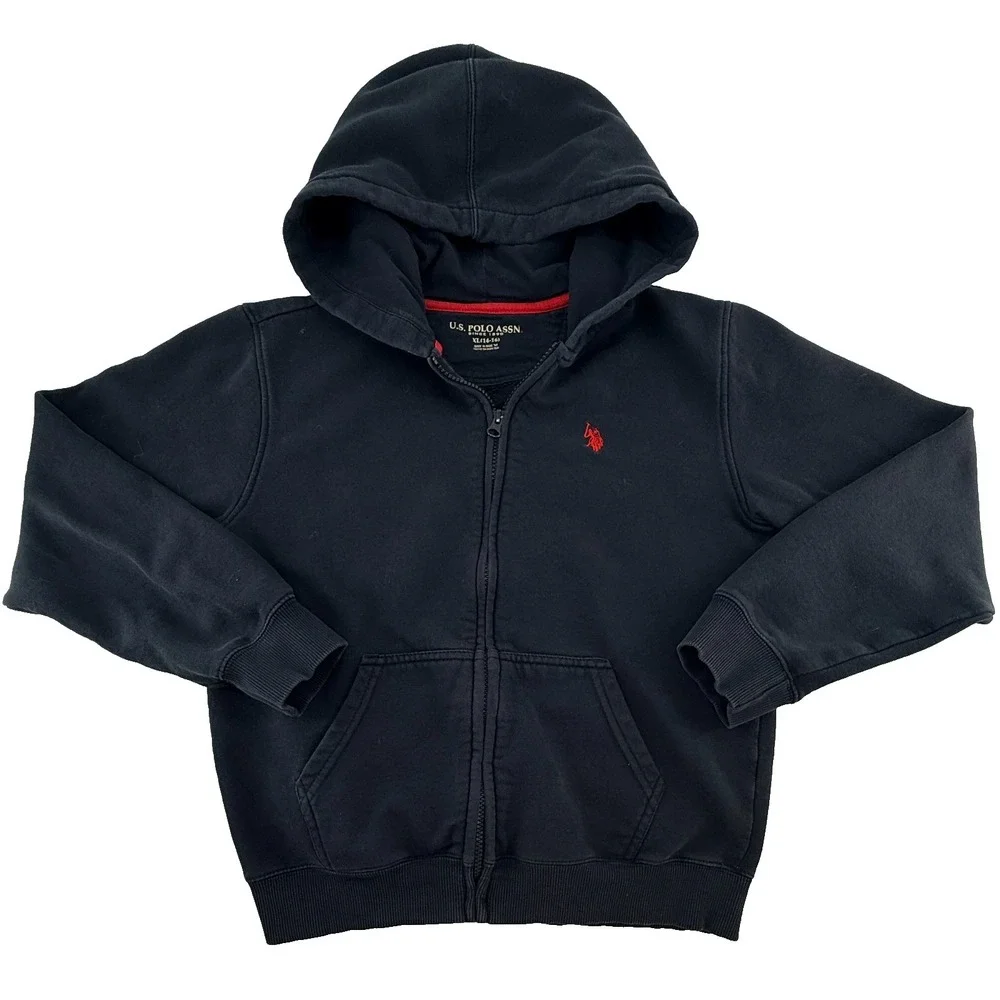 US Polo Assn Hoodie Youth XL Black Full Zip Sweatshirt Red Logo Fleece‎ Jacket